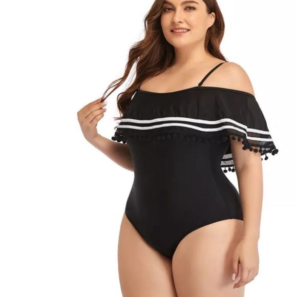 Women plus size swim suit one piece solid black large big bathing suit beach wea - Picture 2 of 6